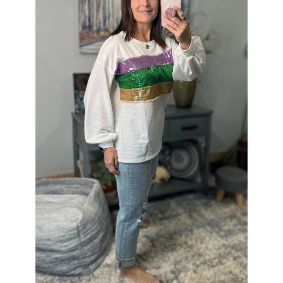 Mardi Gras Sequined Color Block French Terry Purple Green Gold Ivory 1123 - Picture 3 of 11